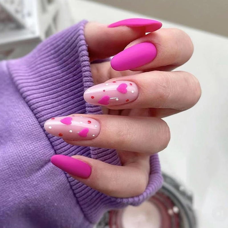 CTTHNBD Press on Nails Almond - Medium Fake Nails with Heart Design - Pink, Matte Full Cove Stick on False Nails for Women 24 Pcs - Image 1